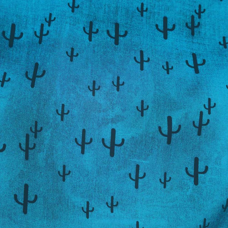 Tissu Viscose imprimée de cactus noirs sur un fond Bleu. Tissu Viscose imprimée de cactus noirs sur un fond Bleu.