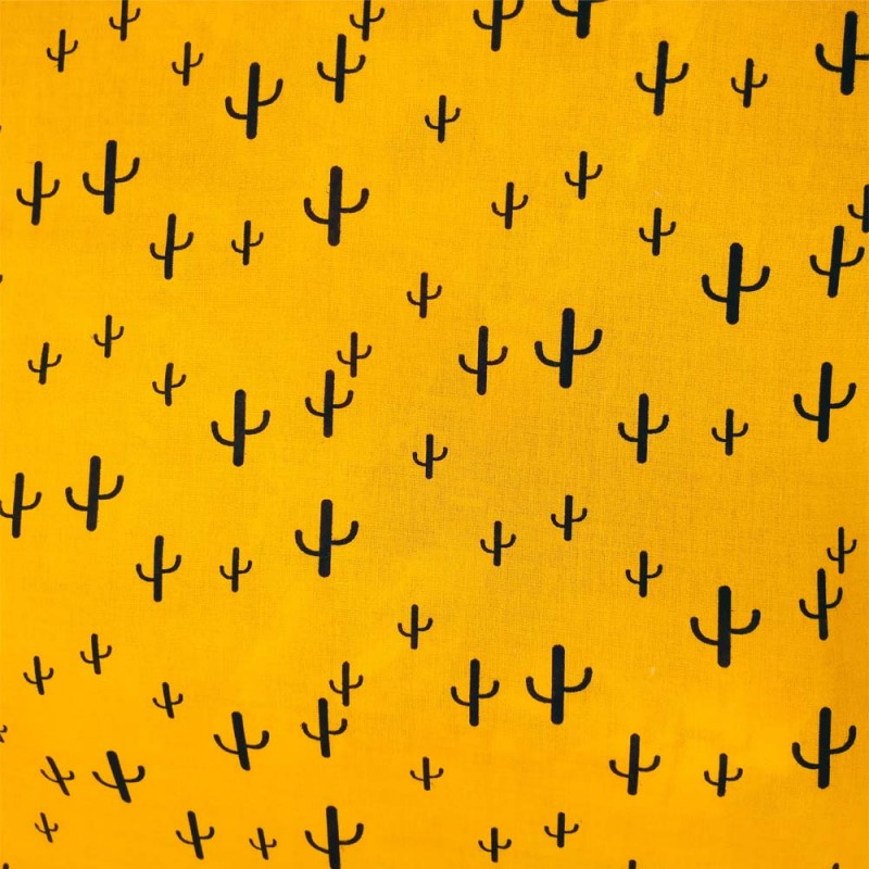 Tissu Viscose imprimée de cactus noirs sur un fond Jaune. Tissu Viscose imprimée de cactus noirs sur un fond Jaune.