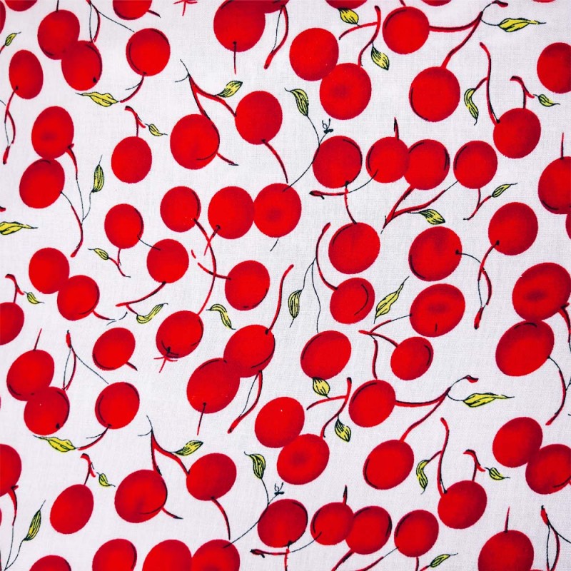 Tissu Viscose imprimée de cerises sur un fond blanc. Tissu Viscose imprimée de cerises sur un fond blanc.